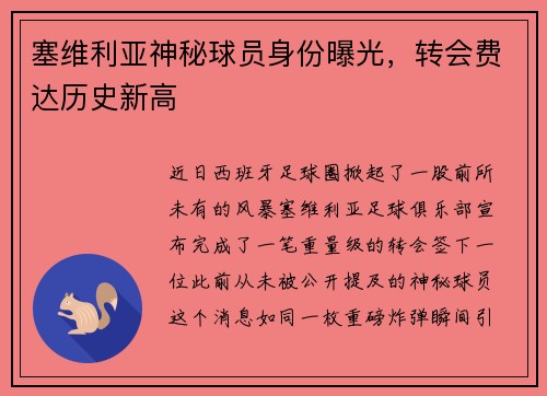 塞维利亚神秘球员身份曝光，转会费达历史新高