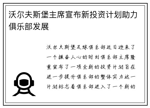 沃尔夫斯堡主席宣布新投资计划助力俱乐部发展