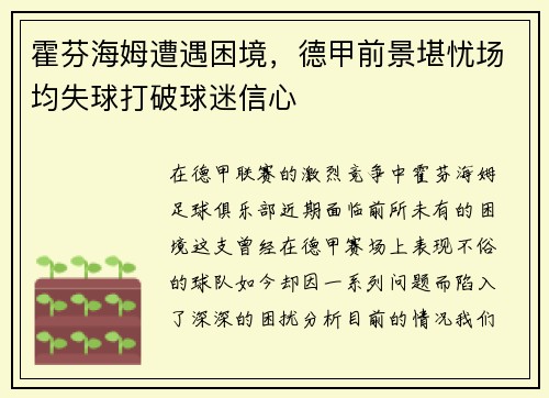 霍芬海姆遭遇困境，德甲前景堪忧场均失球打破球迷信心